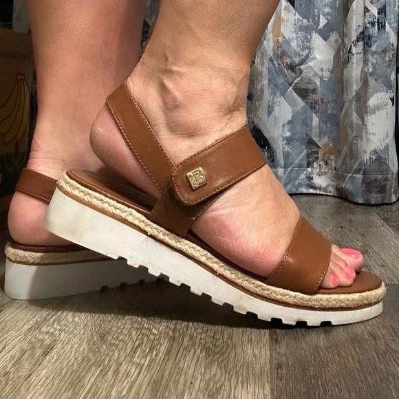 Lauren Ralph Lauren Shoes - Ralph Lauren brown leather sandal size 8.5 Velcro strap with woven rattan trim